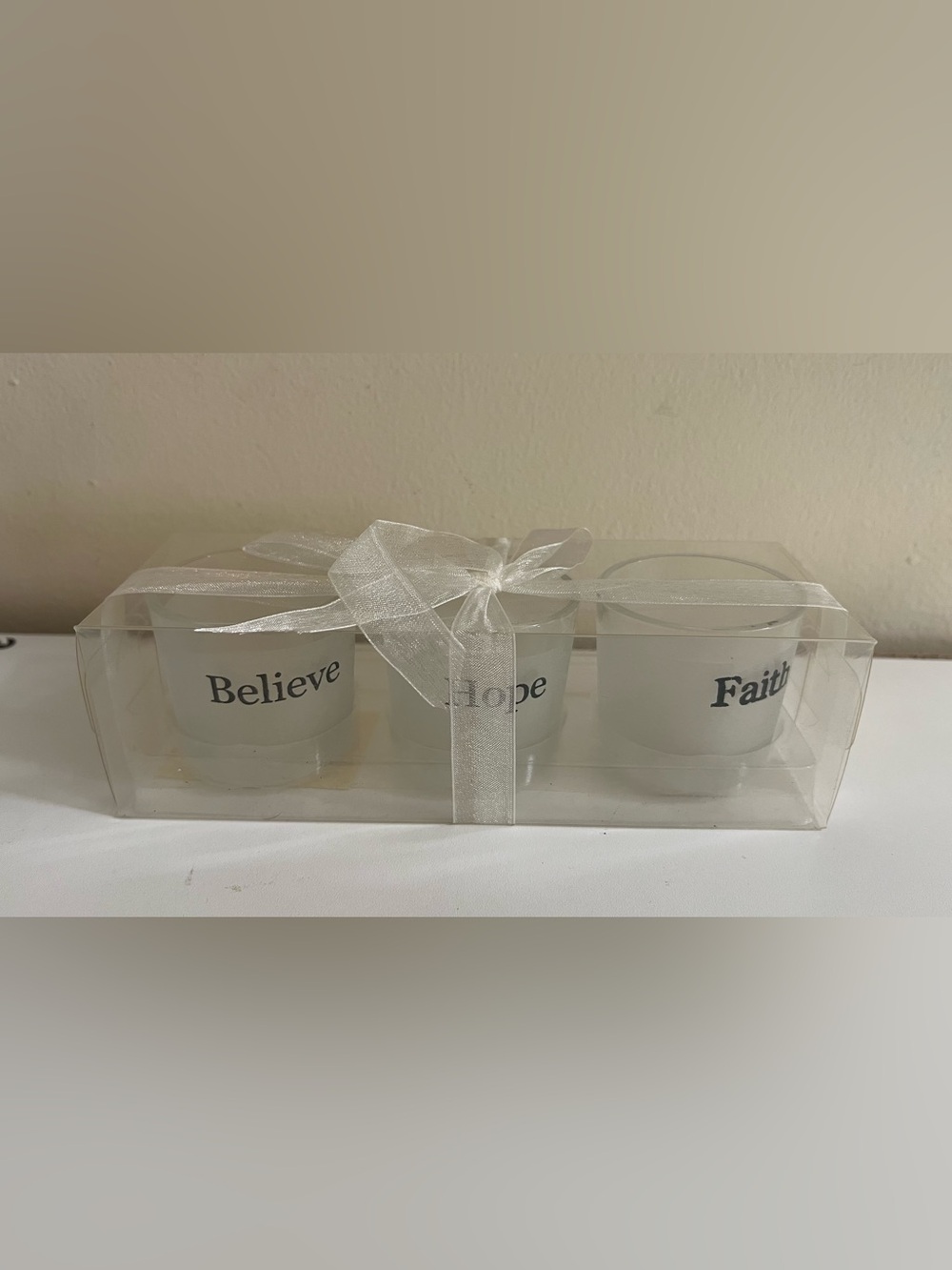 White 'Hope' Tealight Candle Set with Ribbon